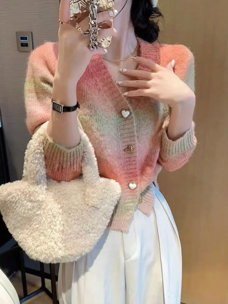 

aduated Candy Color Knitted Open Cardigan Women's Loose Soft Rainbow Sweater Autumn 2024 Lazy Sle Milk Series Outerwear