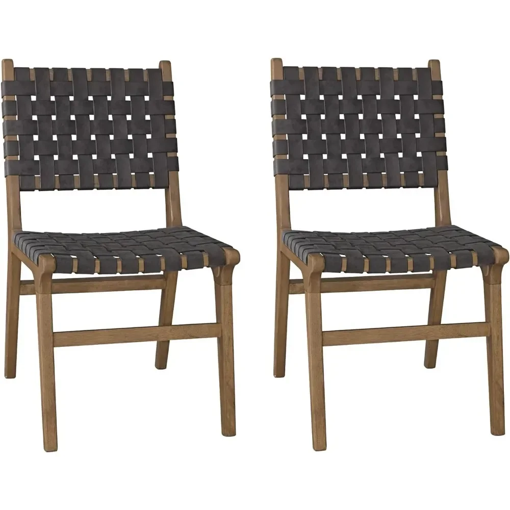 18 Inch Dining Chair Set Of 2, Faux Leather Woven Strips Dining Chair