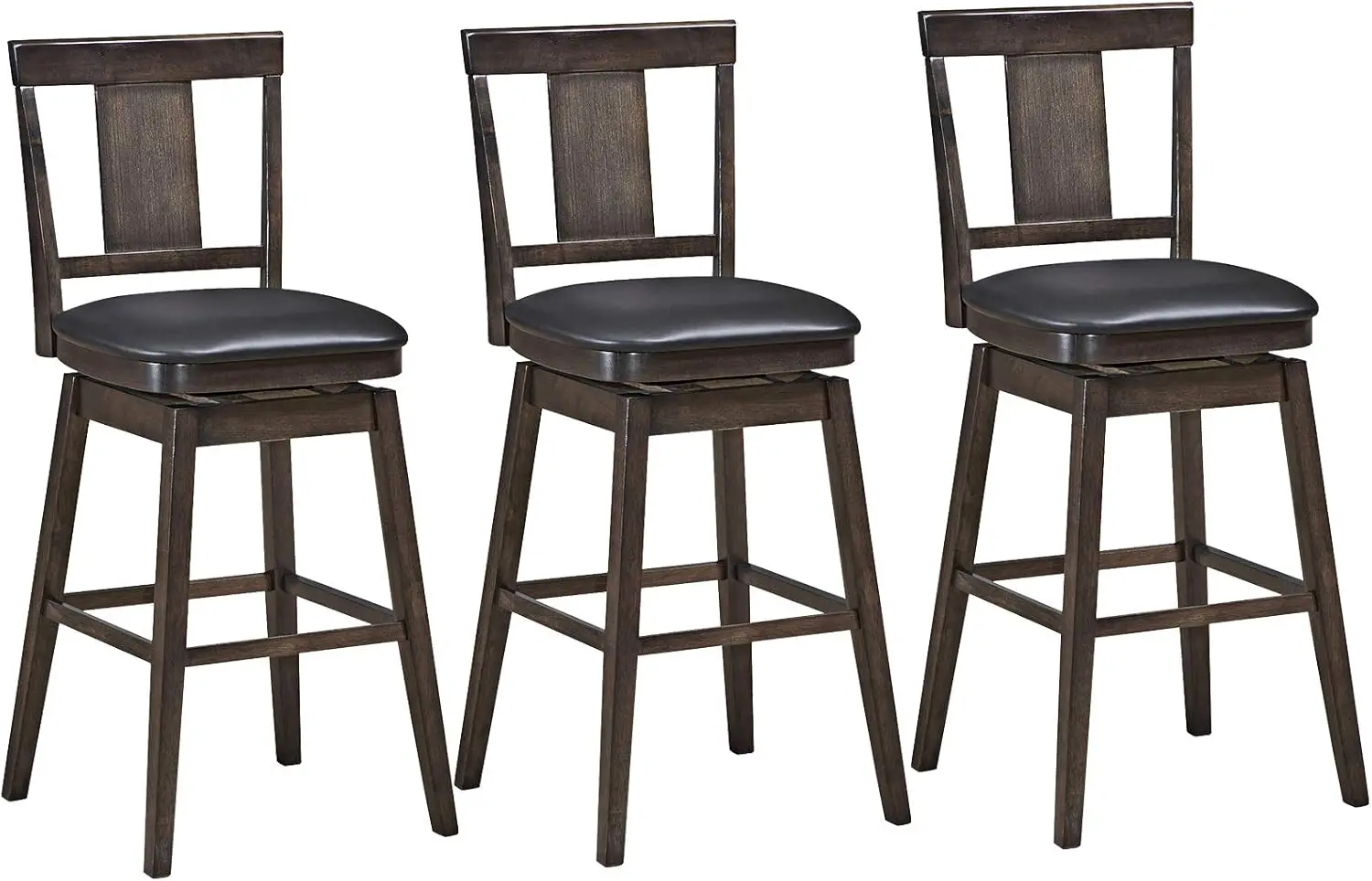 Bar Stools Set Of 3, 360 Degree Swivel, Wooden Bar Height Bar Stool, Leather Padded Seat, Single Slat Back & Solid