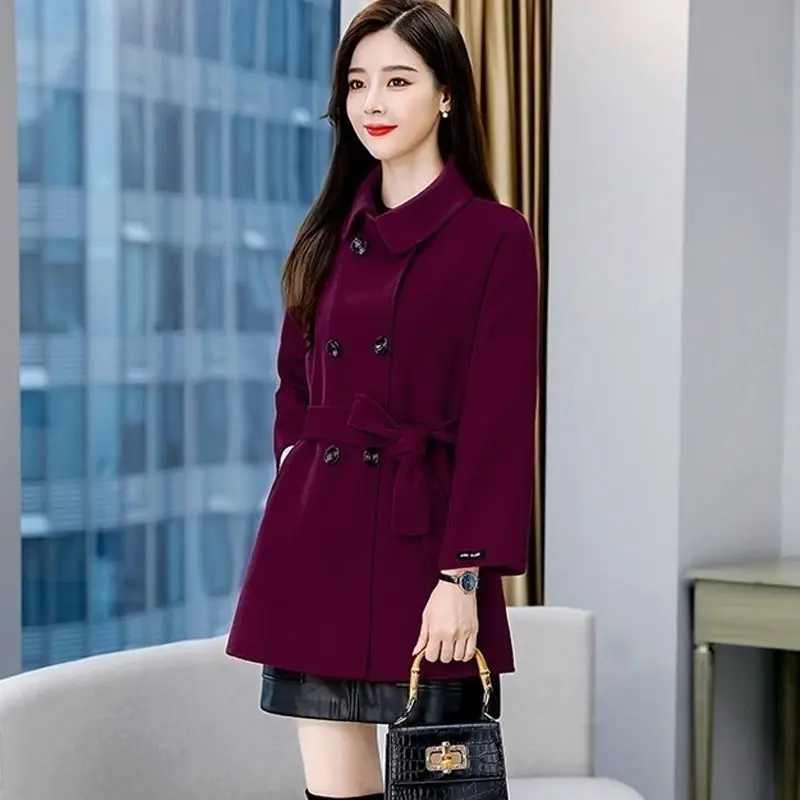 سترة صوفية عصرية معطف نسائي ربيعي جديد حزام خصر غير رسمي صف مزدوج سترة واقية من الصوف للتخسيس ملابس خارجية XQ15