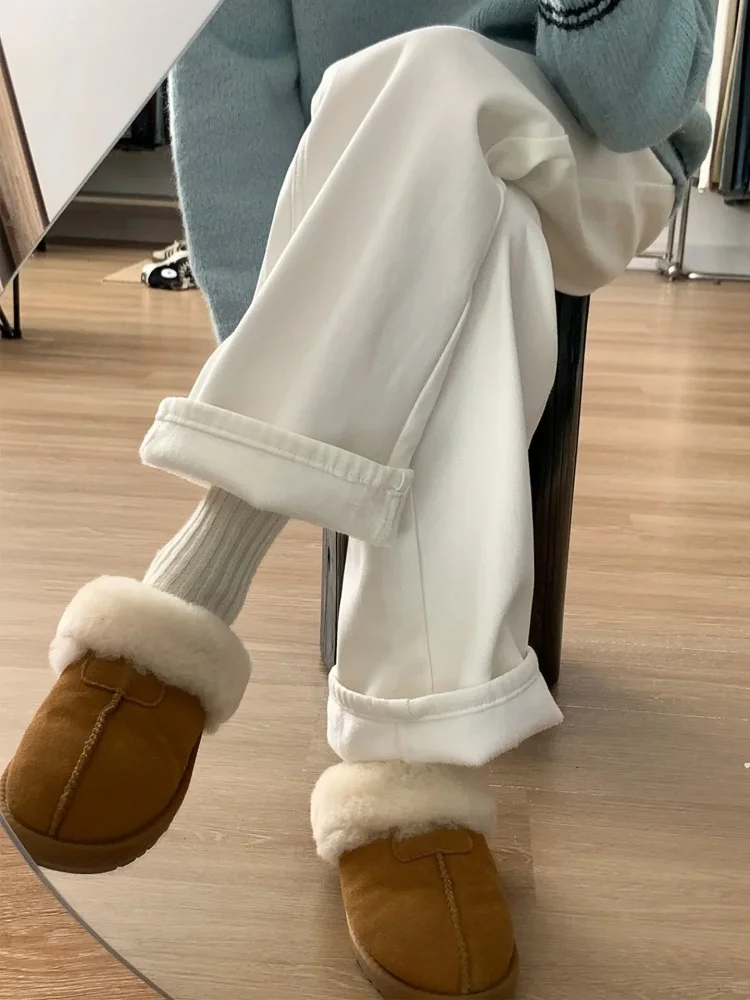 

Белые широкие джинсы на подкладке, женские осенне-зимние облегающие брюки прямого кроя с высокой талией, удобная дышащая одежда...