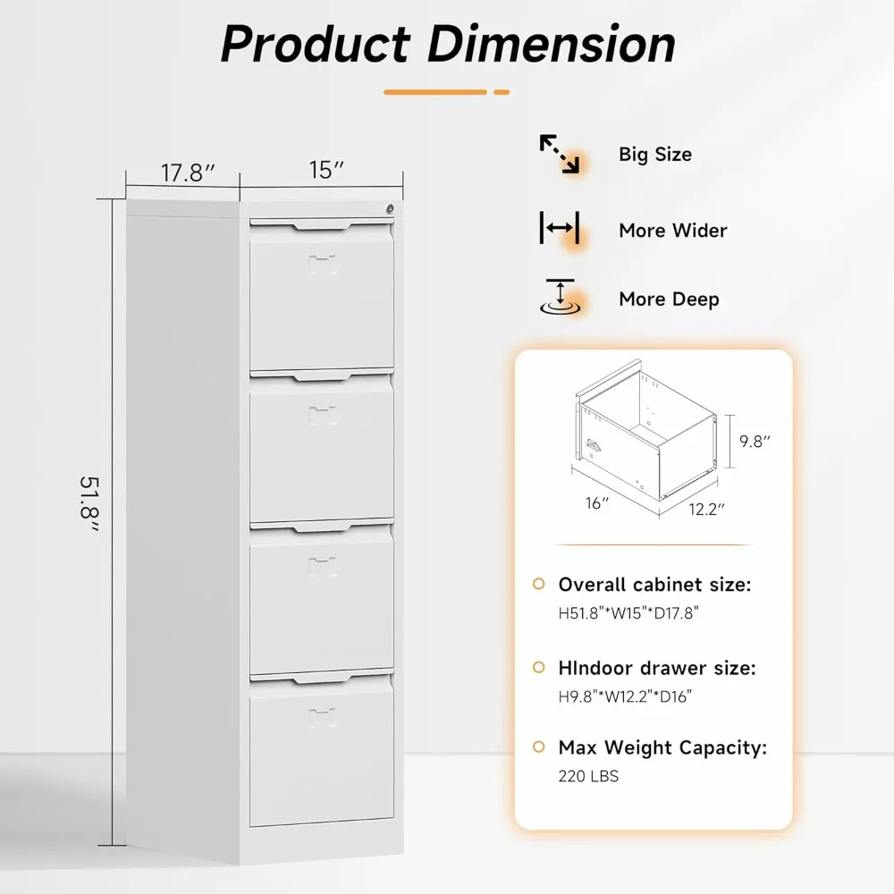17.8インチ D縦型ファイルキャビネット、ロック付き4引き出し金属製ファイリングキャビネット、ホームオフィス用スチール製ファイリングキャビネット、ファイルキャビネット