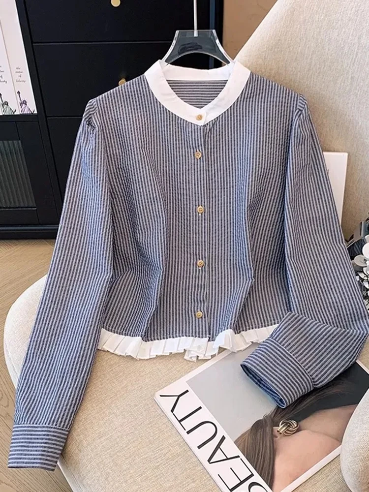 

Zoki O Neck Women Striped Shirt Vintage Long Sleeve Loose Korean Blouse Casual Fall New Patchwork Female Retro Sweet Autumn Tops