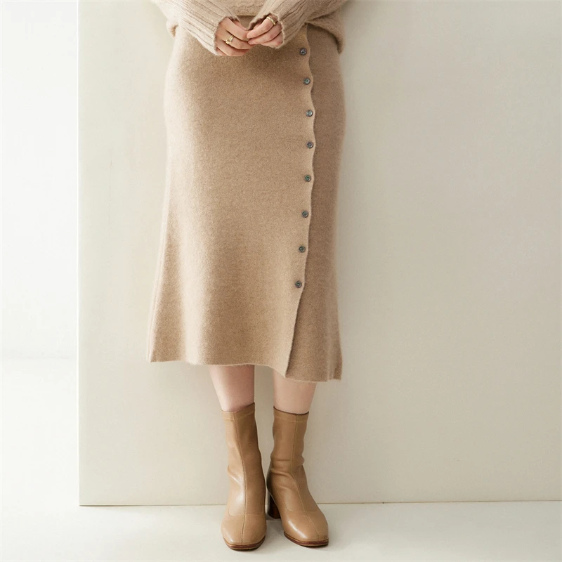 Women 100% Cashmere Skirts Office Lady Autumn Winter Knitted High Waist A-Skirt Graceful Long Warm front-open skirt with buttons