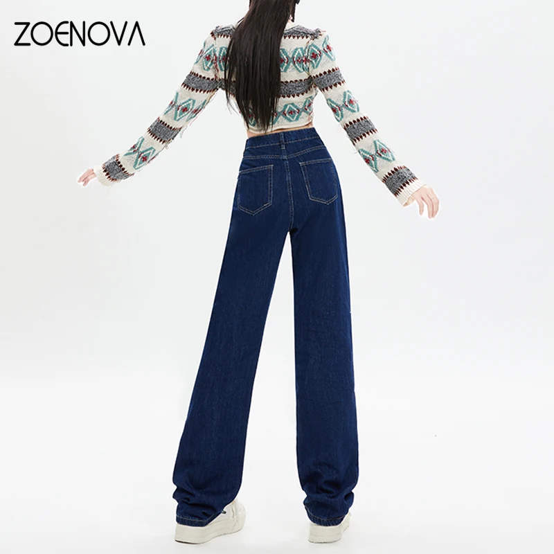 ZOENOVA Spring Korean Version Versatile Women\'s Jeans Street Cool Girl Straight Wide Leg Pants Retro High Waist Casual Trousers