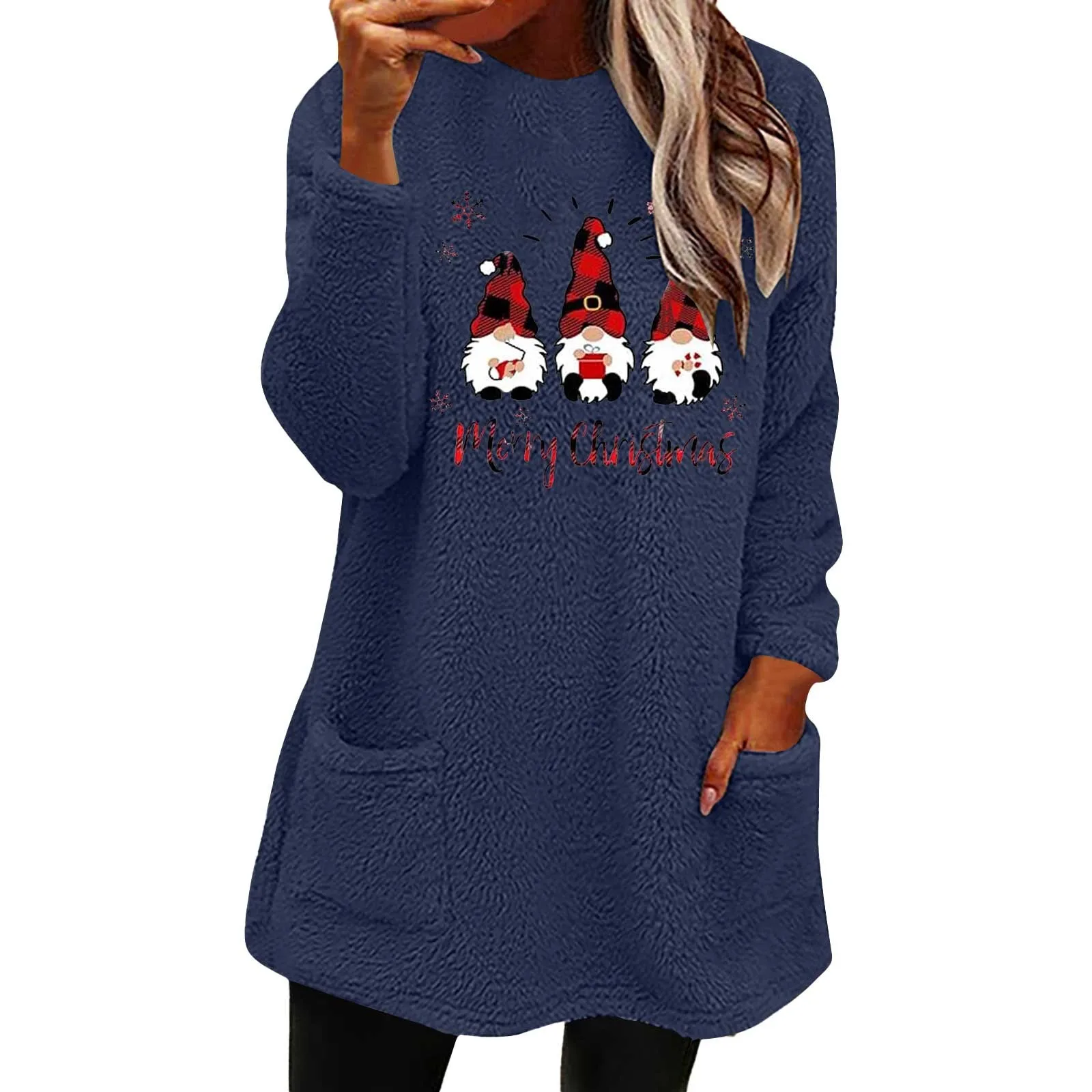 Christmas Prints Sweatshirt For Women Double-faced Velvet Crew Neck Pullover With Pocket Fall Winter Thermal Hoodless Hoodie