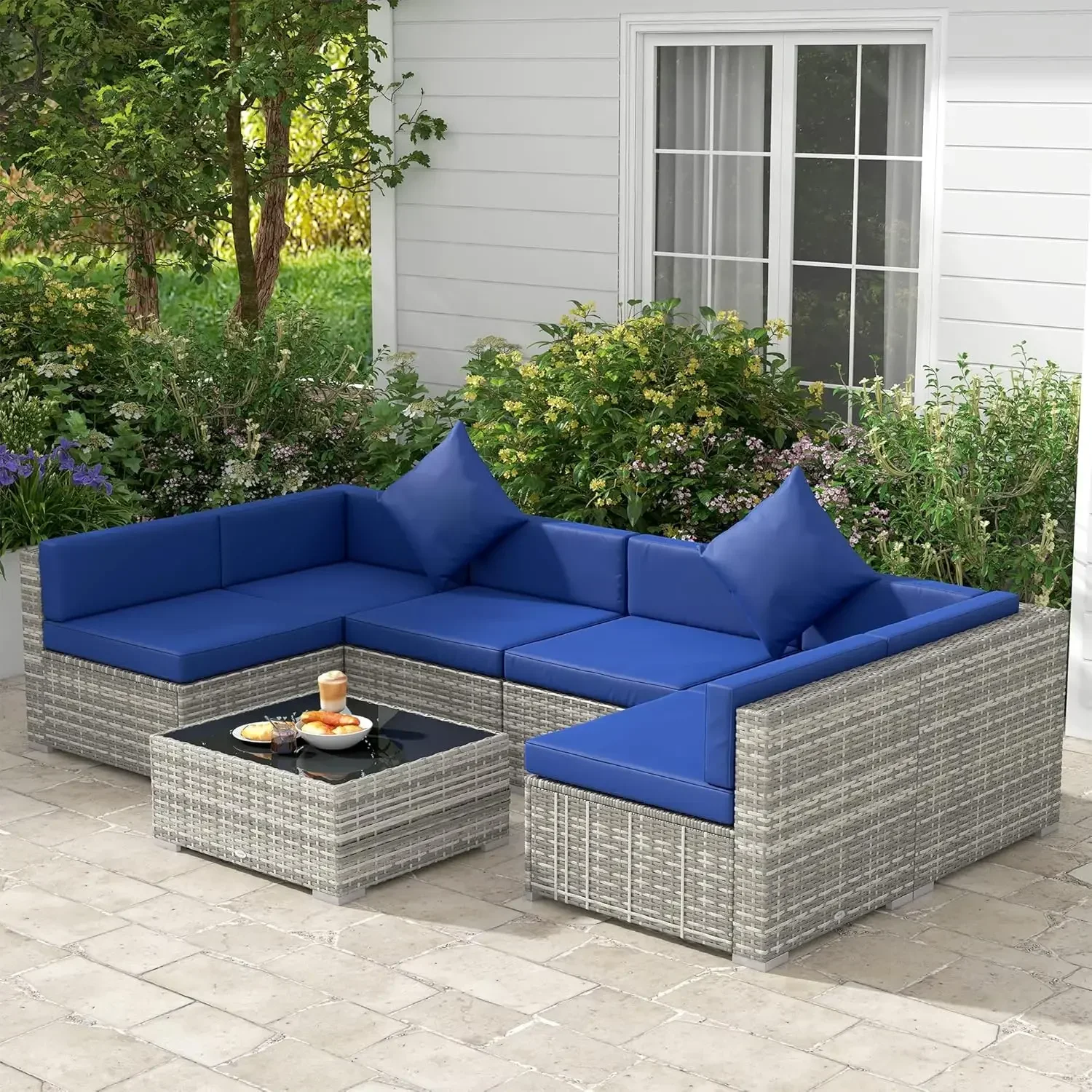 All Weather PE Rattan Sectional Sofa Set with Cushions and Tempered Glass Top Coffee Table, Pillows, Blue