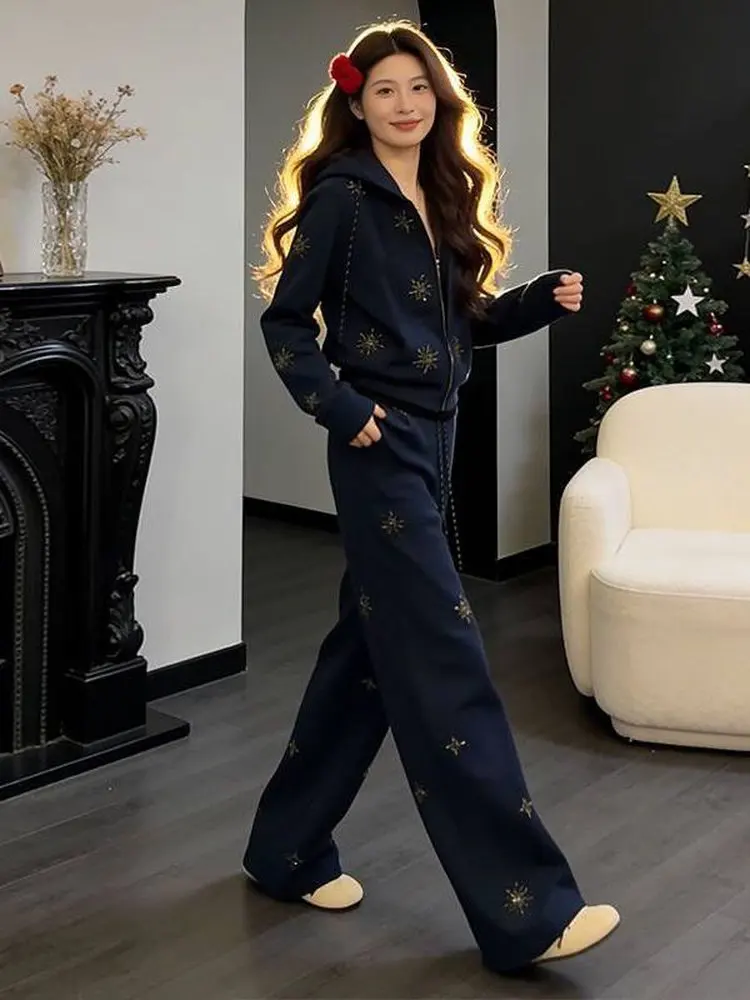 

Ретро-комплект: синяя куртка с капюшоном и широкие брюки для женщин, антивозрастной костюм-двойка, повседневный стиль, весна-лето-осень, модный.