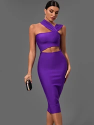 Bandage Dresses for Women 2022 Purple Bodycon Dress Evening Party Elegant Sexy Cut Out Midi Birthday Club Outfit Summer New