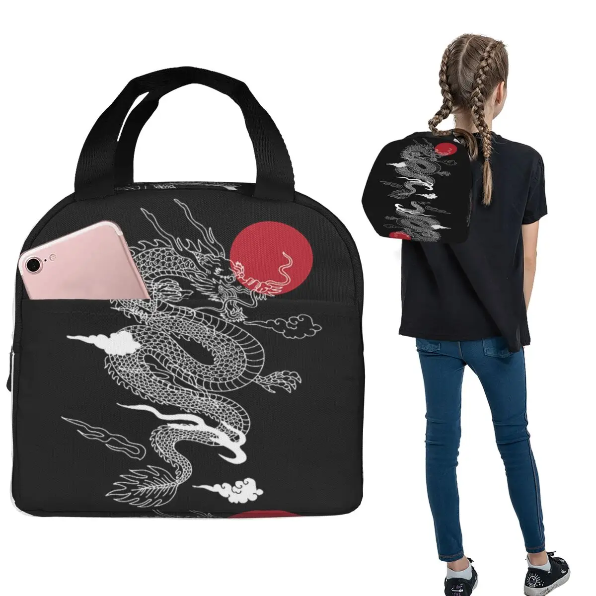 Dragon Red Moon Pattern Insulated Lunch Bag for Women Children Portable Food Boxes Thermal Lunch Box Tote