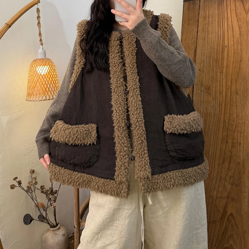 

25 New Arrival Autumn/winter Women Loose Casual All-matched Pockets Patchwork Vest O-neck Single Breasted Outerwear & Coats H164