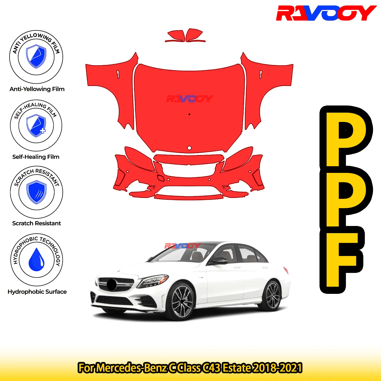 

For Mercedes-Benz C Class C43 Estate 2018-2021 Glossy Matte Black Precut front PPF Kit Paint Protection Film