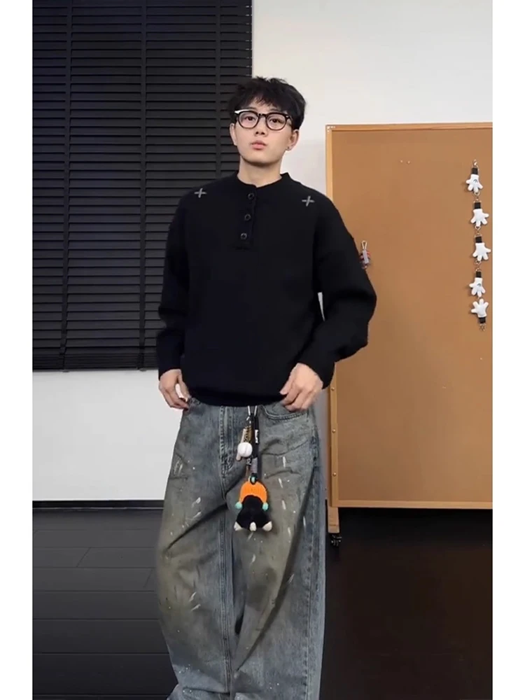 

Bla Henry Collar Knitwear Men's Loose Fit Comfortable Long Sve Sweater Cleanfit American Sle Lazy Faion Autumn Winter