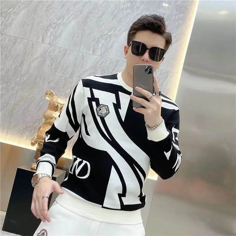 Trend Versatile Autumn New Men\'s O-Neck Printing Contrast Color Badge HighStreet Fashion Casual Long Sleeve Sweatshirts Tops