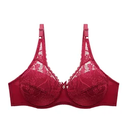 Plus Size Cotton Bra Young Women Underwear Solid Color Lace Ultra-thin D E Cup Underwired Lingerie Breast Aggregation Brassiere