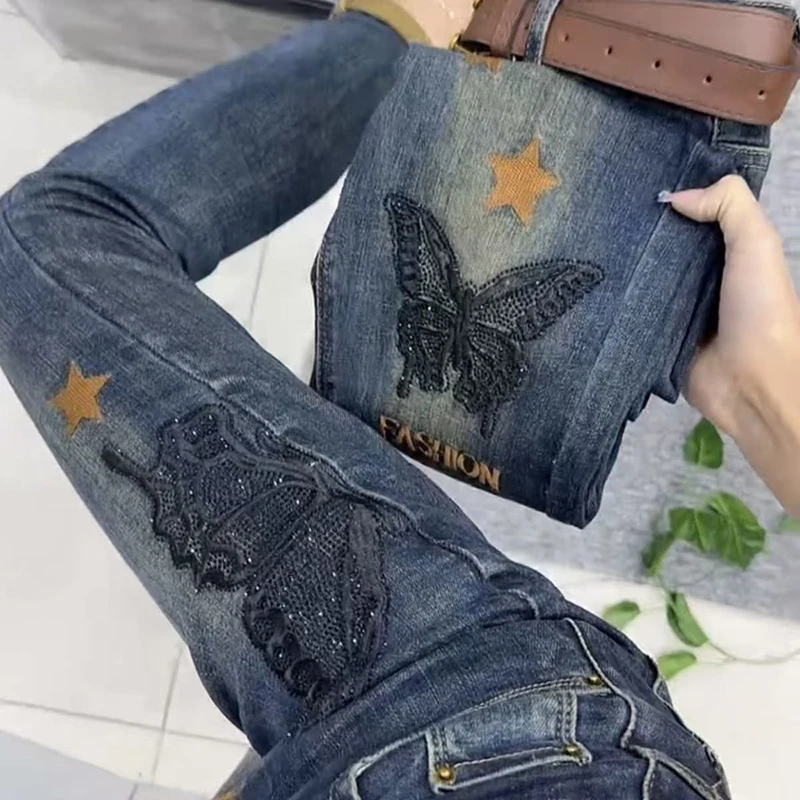 

Осень 2023, новые ковбойские брюки с вышивкой для тяжелой промышленности, маленькие брюки с высокой талией, облегающие эластичные и универсальные брюки-харун
