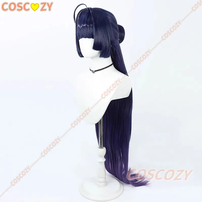 Wig Cosplay Raiden Mei dengan Roti Honkai Impact 3rd Raiden Mei 80Cm Wig Gradien Ungu Rambut Sintetis Tahan Panas + Topi Wig