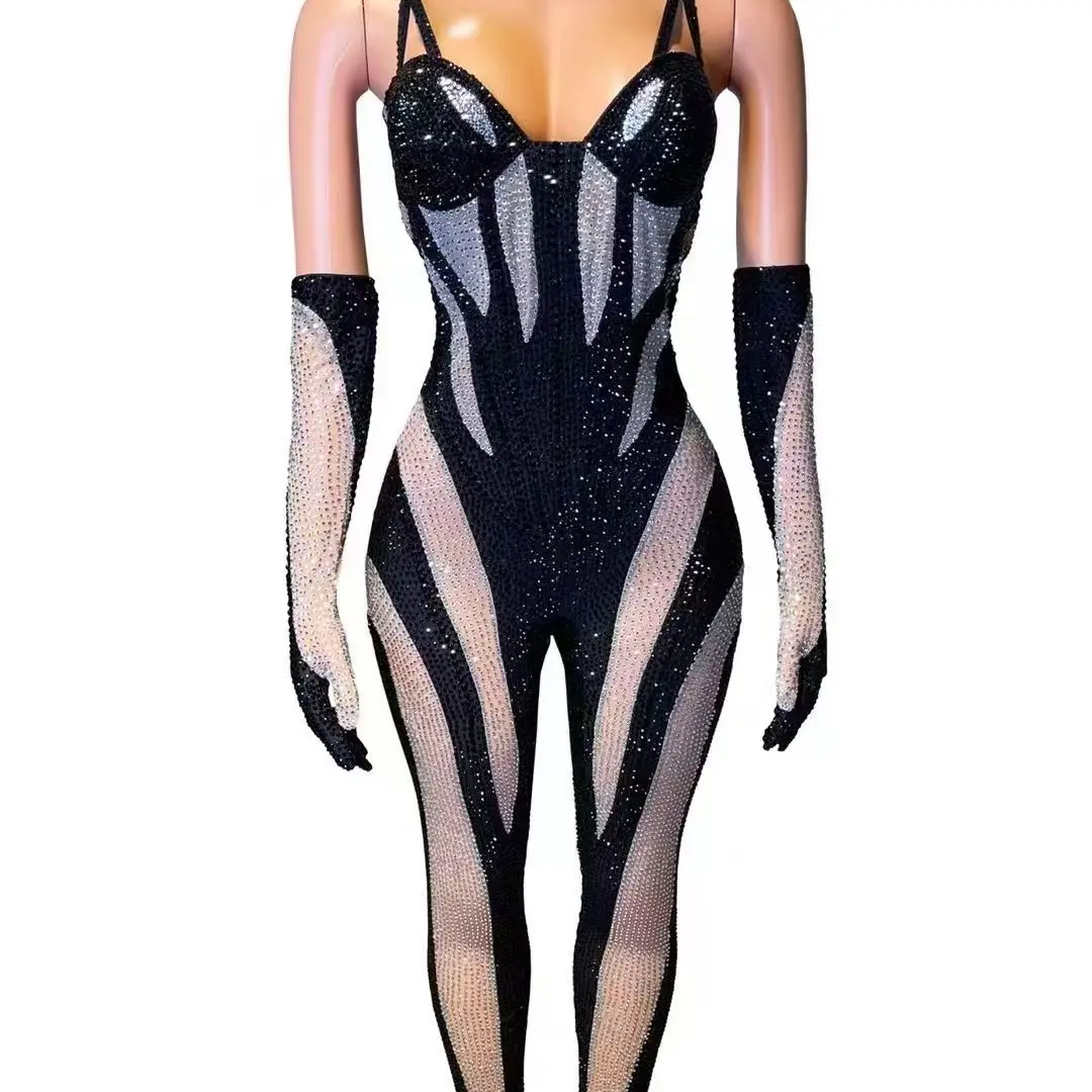 

Black Silver Rhinestones Bodysuit With Gloves Transparent Sexy Dance Outfit For Birthday Evening Celebration