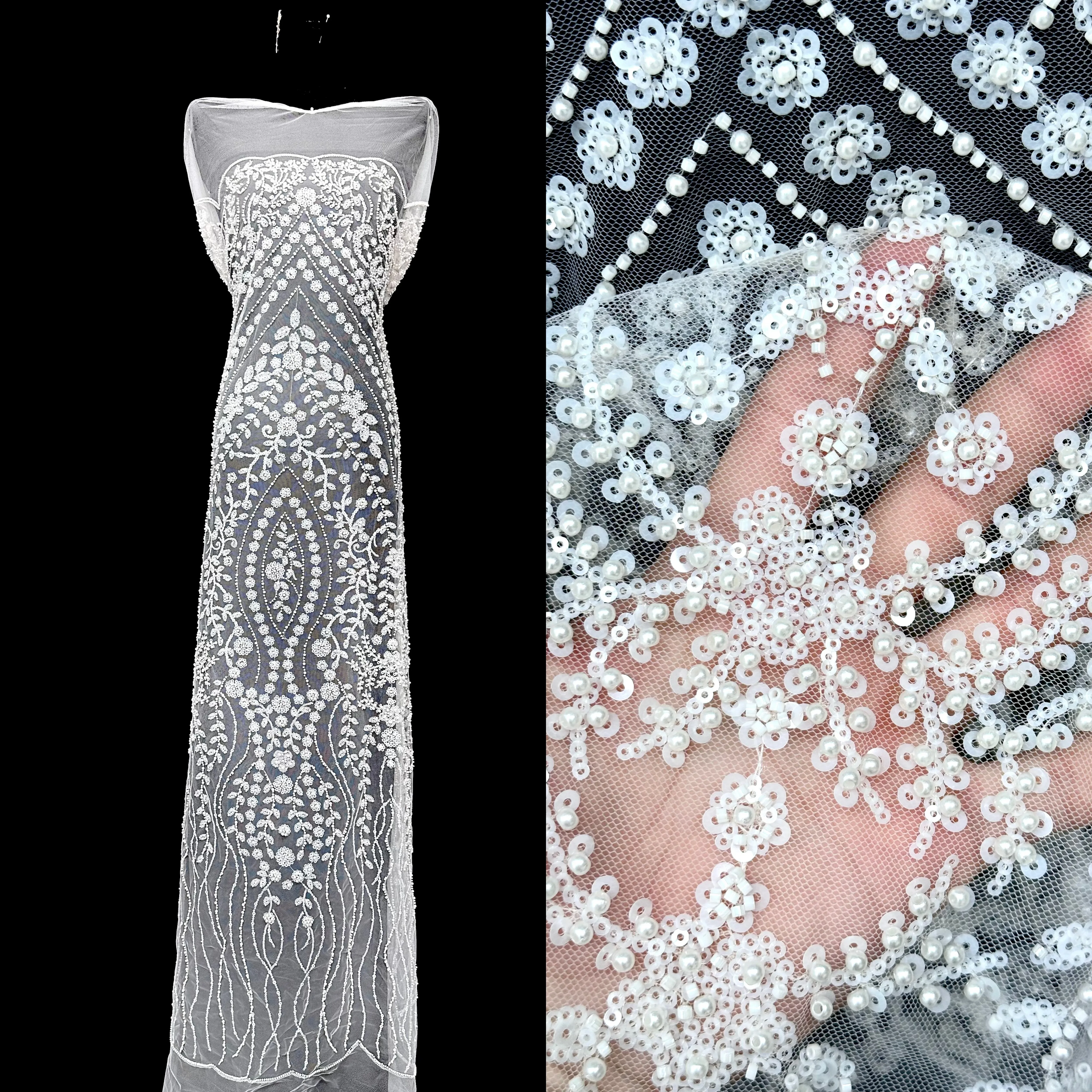 

Luxury Sequin Beaded Tulle Mesh Lace Bridal Evening Dress Fabric French Style Heavy Embellished Nigerian Mesh for Brides