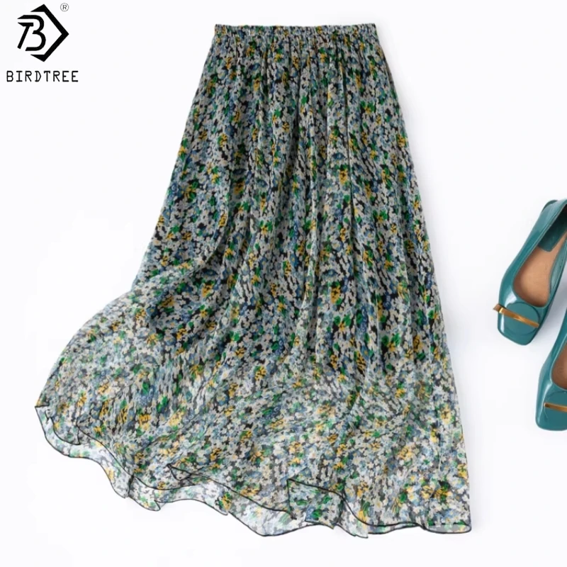 

Юбка Birdtree из 100% натурального шелка с принтом, элегантная, женская, из жоржета, двухслойная, прохладная, с эластичной талией, новинка весны 2026, D63608JF