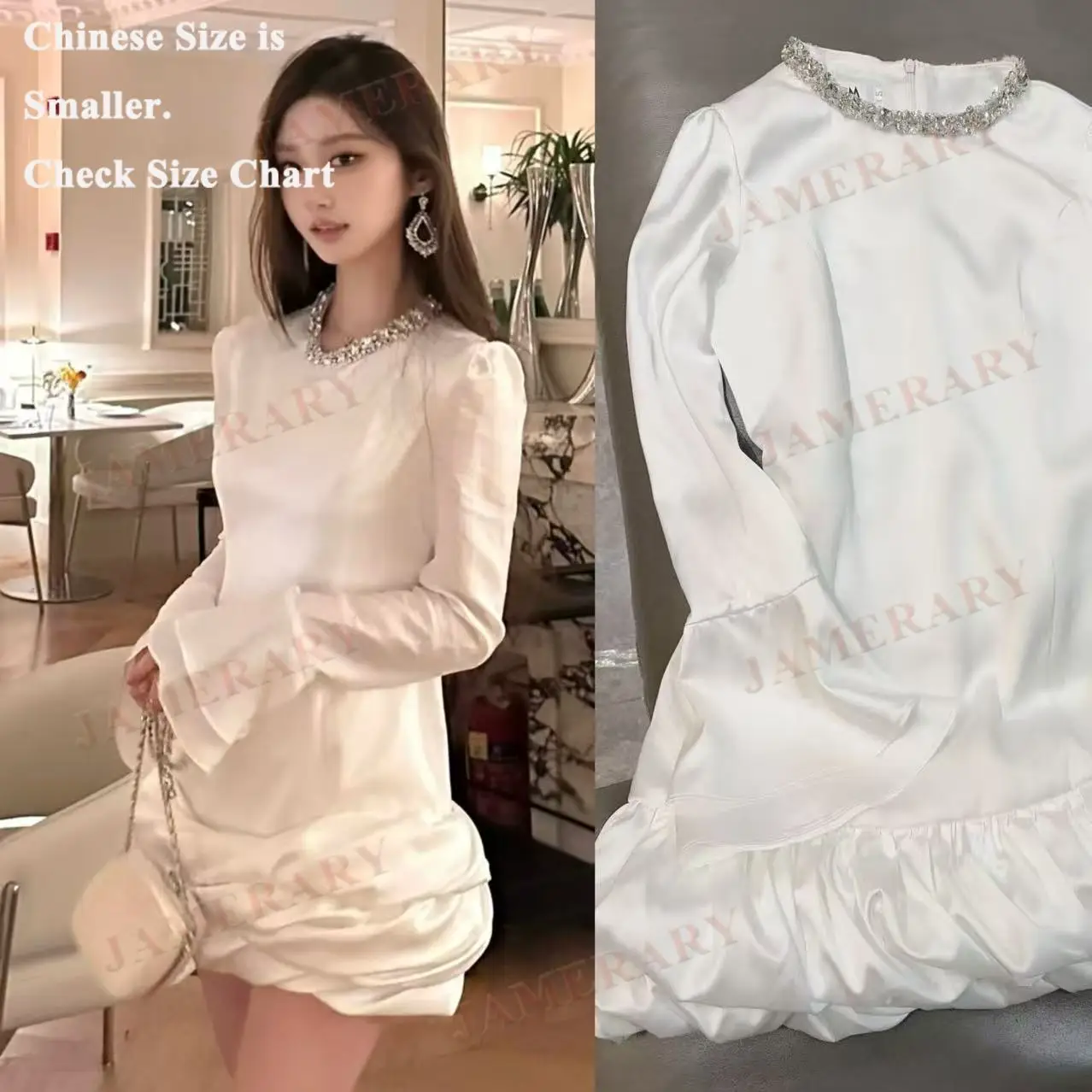 الخريف الأبيض كم طويل فساتين قصيرة المرأة الصيف الماس كريستال حفلة موسيقية فستان قصير سيدة ريترو غمد Vestidos