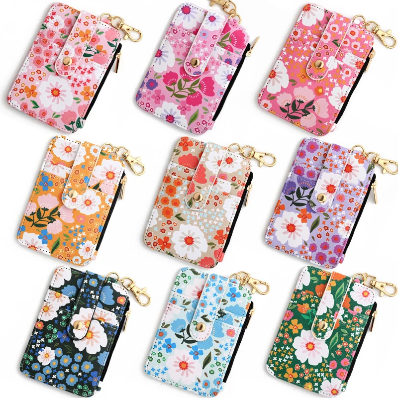 

5pcs Card Holder Floral Printing Vertical Model Hasp Short Wallet Keychain For Women