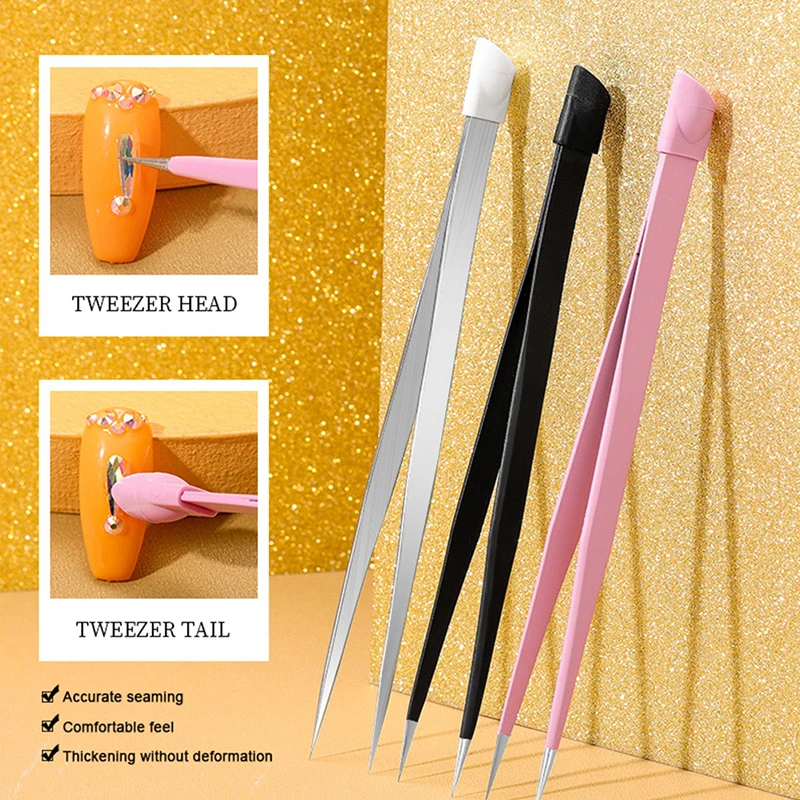 1Pc Nail Tweezers With Silicone Pressing Head For 3D Sticker Rhinestones Picker Straight Curved Manicure Nail Art Tools