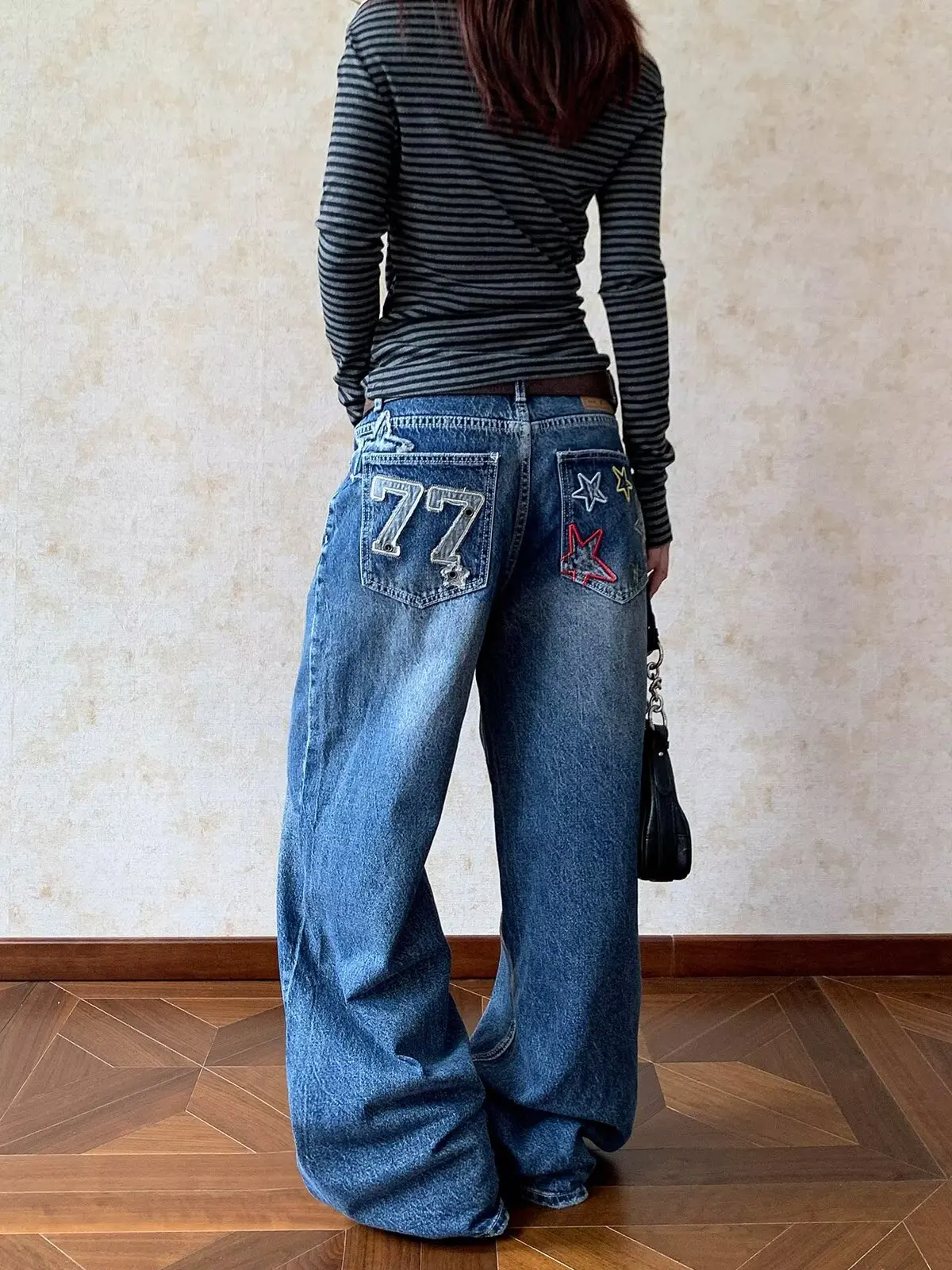 Damskie spodnie uliczne vintage jeansy Y2K Harajuku sprane niebieskie streetwearowe luźne jeansy z haftem damskie spodnie z wysokim stanem szerokie nowe