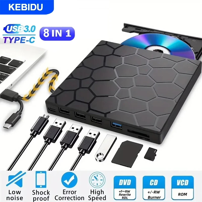 Lecteur DVD portable KEBIDU 8 en 1, lecteur de CD/DVD externe USB 3.0 Type C, graveur de CD, lecteur de disque externe pour ordinateur de bureau Mac Windows