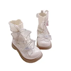 2023 Autumn/Winter Toddler Girls Leather Ankle Boots Bling Butterfly Rhinestones Fashion Knitted Sock Boots Kids Children Shoes