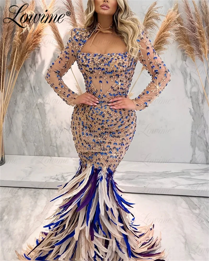 Feathers Abendkleider 2023 Dubai Luxury Evening Dress Long Sleeve Mermaid Heavy Beaded Crystals Arabic Wedding Party Prom Dress