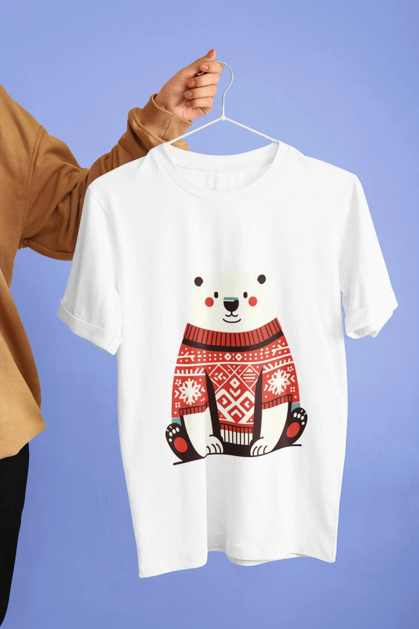 Polar Bear Holiday Sweater T Shirt Cozy Winter Snowflake Design Festive Red White Pattern Unique Christmas Idea