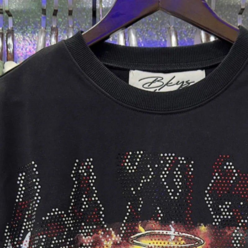 Summer Black Cropped Tee BKYST Tshirt Blindfolded Winged Child Hotfix Rhinestone Letter Round Neck Short Sleeve Men Women Outfit