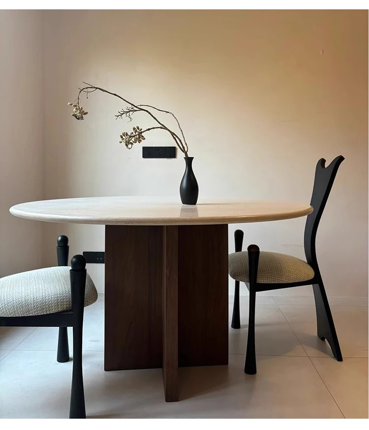 

4Medieval wabi sandy wind light luxury round small apartment travertine solid wood dining table household solid wood round table