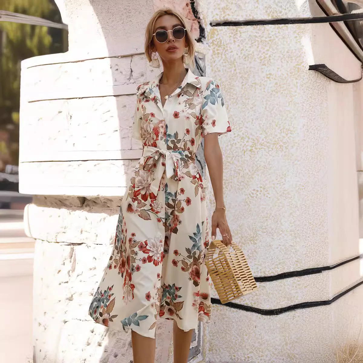 High Quality Women Clothing Hot Selling 2024 Summer Waistband Single Breasted Button Printed Short Sleeved Lapel Dress Vestidos