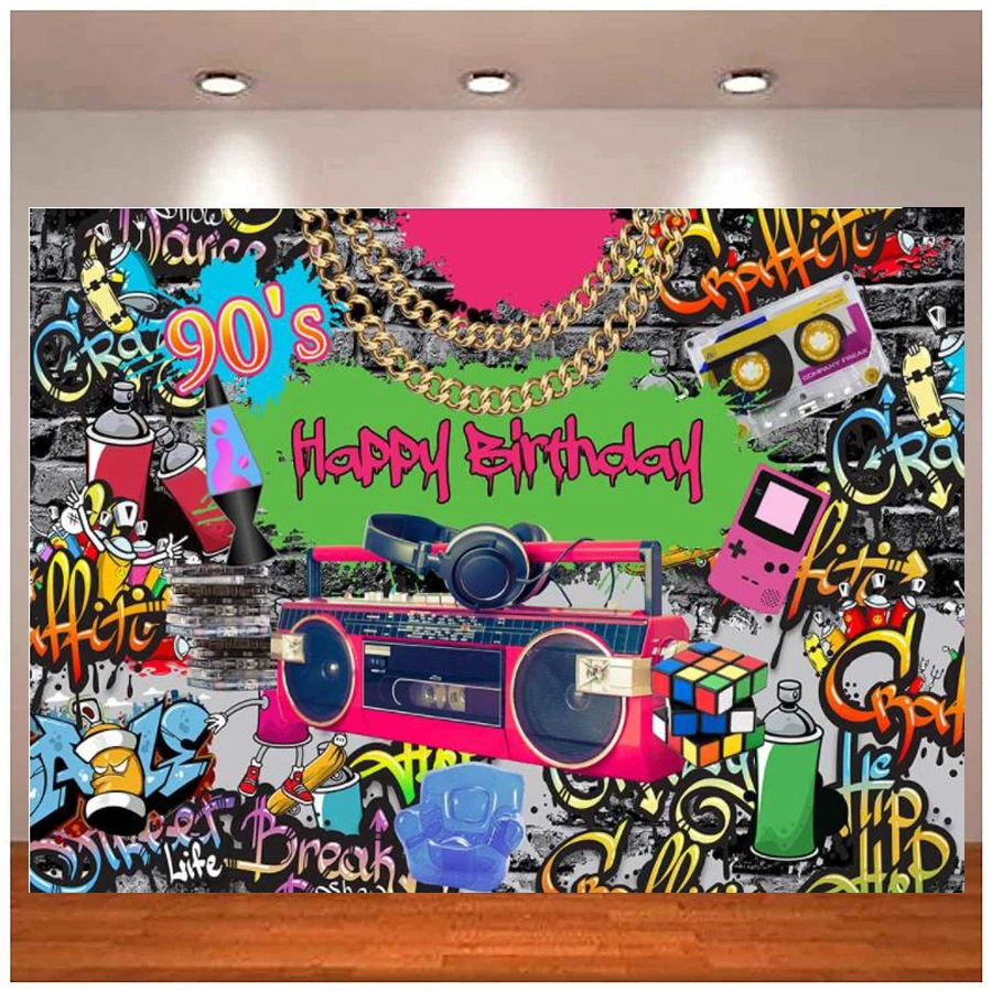 Photography Backdrop 90s Party Radio Retro Graffiti Brick Wall Hip Hop Style Decor Birthday Banner Background Banner Poster