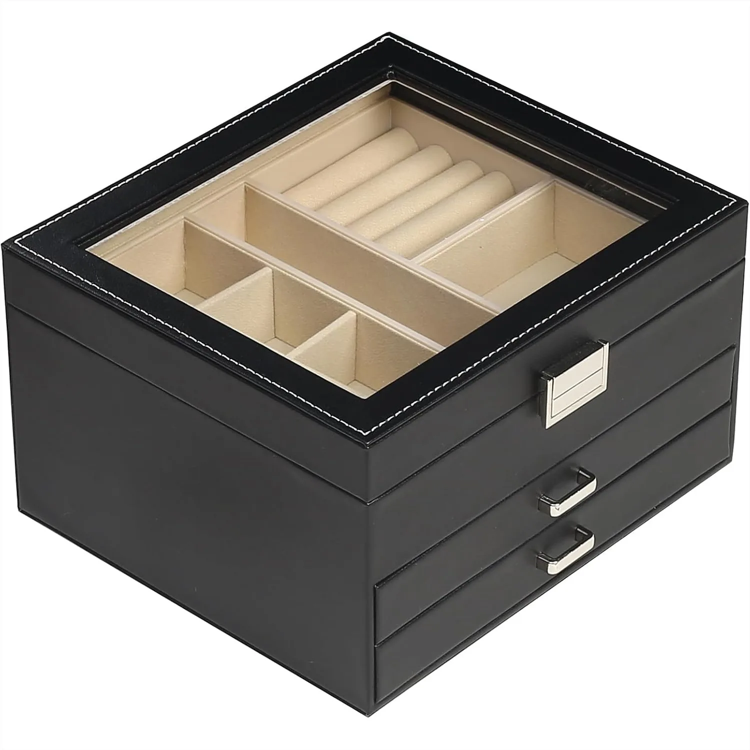 Clear Lid Jewelry Box - 3 Layer Large Jewelry Organizer with 2 Drawers for Rings, Earrings, Necklaces and Bracelets, Black