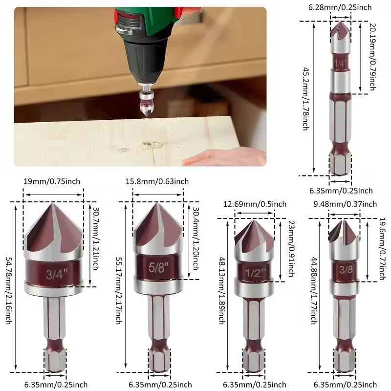 

5 Flute Metal M35 Cobalt Countersink Drill Bit Set 82° 5pcs 1/4" Hex Shank Countersunk Bit Set 1/4” 3/8” 1/2” 5/8 With Holder