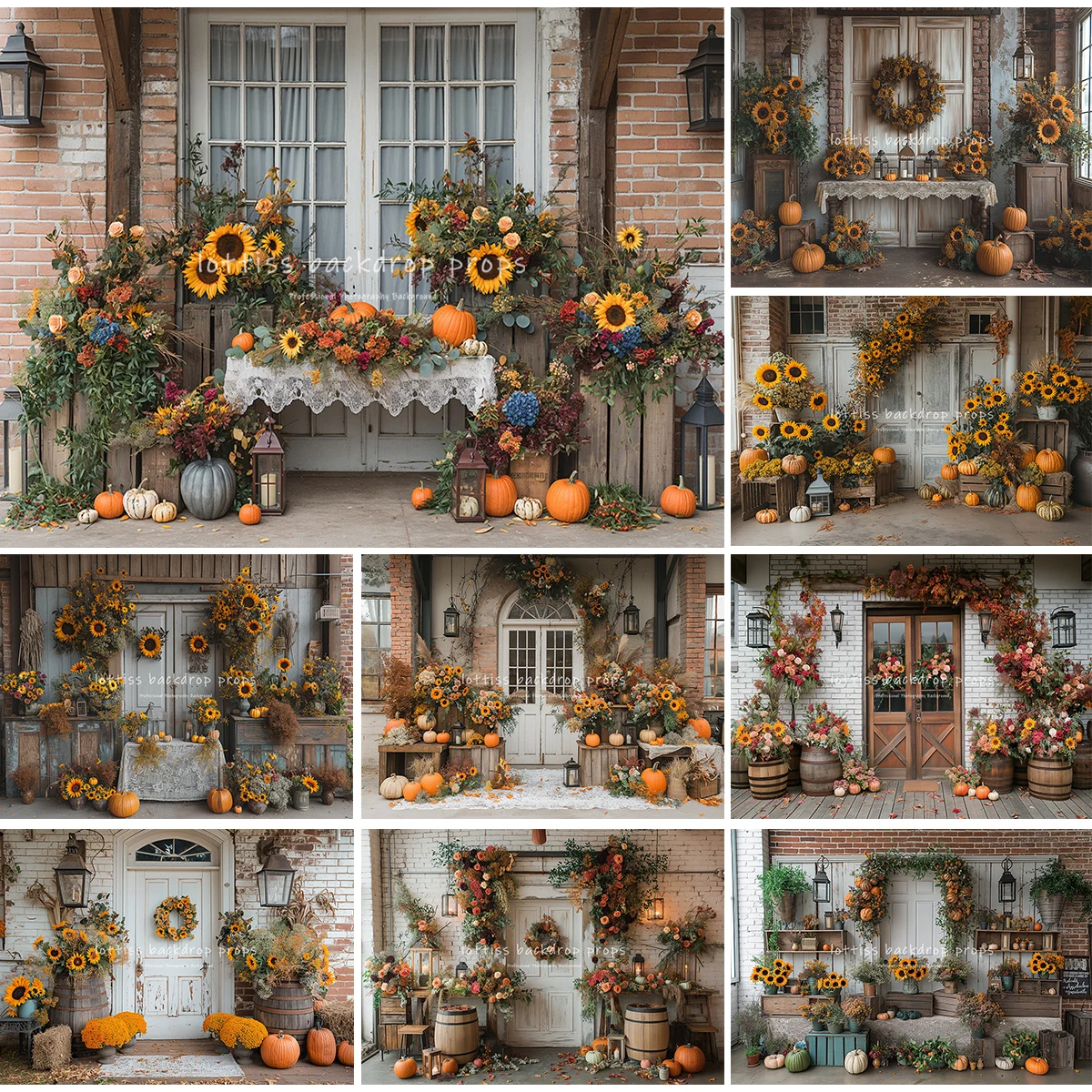 

Fall Themed Front Porch Decorated With Sunflower Backdrops Kids Adult Photography Child Baby Autumn Wooden Door Backgrounds