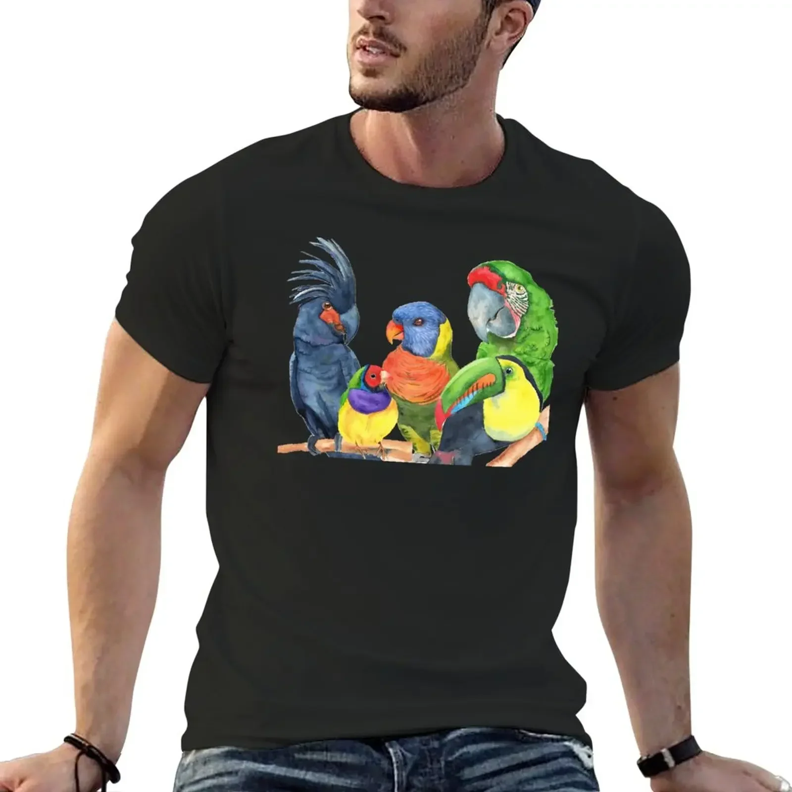 New parrots bird watercolor toucan finch lory cockatoo macaw T-Shirt anime clothes sweat shirts Men's t-shirt 2024 heavyweight