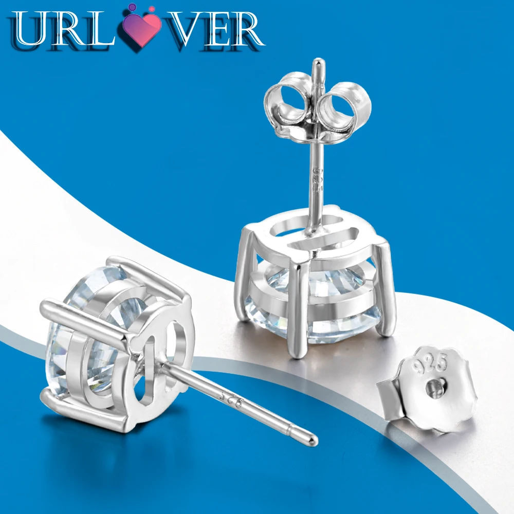 URLOVER anting-anting Moissanite 0.5/0.8/1/1.5/2ct 925 perak murni berlian kancing telinga untuk wanita pesta pernikahan hadiah perhiasan bagus