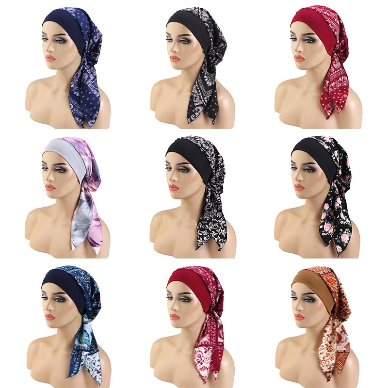 Neue Muslimische Vorgefertigte Blumenbedruckte Hijab-Turban-Mütze für Frauen, Innenmütze, Chemomütze, Haarverlust-Kopftuch – Detail 2