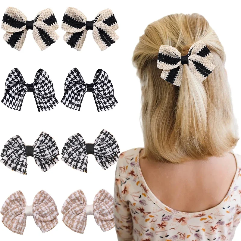 

ncmama 2Pcs Knitted Bow Hair Clips For Girls Classical Plaid Handmade Bowknote Hairpin Barrette Headwear Korea Hair Accessories