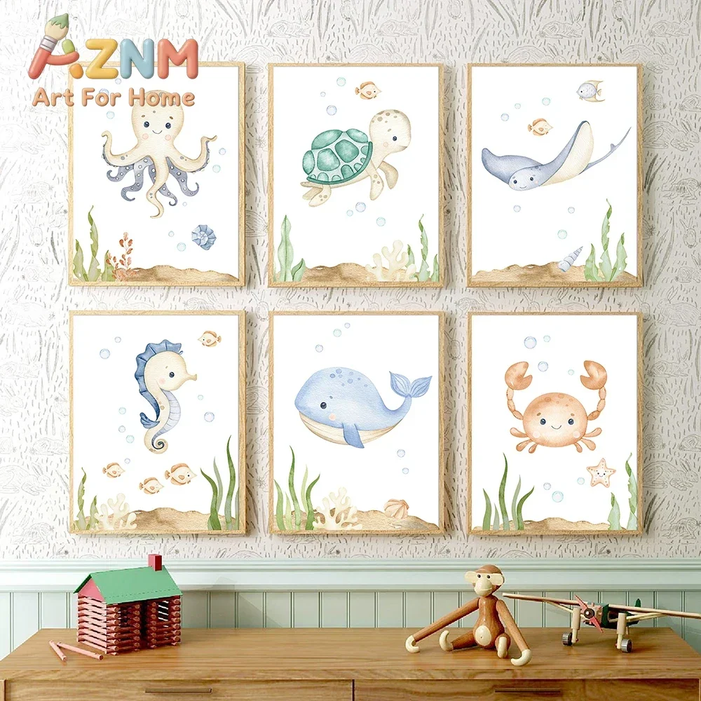 Nautical Ocean Animal Nursery Prints Cartoon Sea Turtle Poster Marine Animal Art Canvas Painting Room Wall Decor