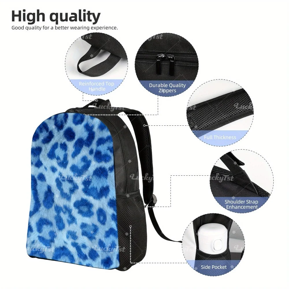 

Blue Leopard Backpack - Bold and stylish student backpack with laptop and tablet compartments, durable 600 Oxford fabric