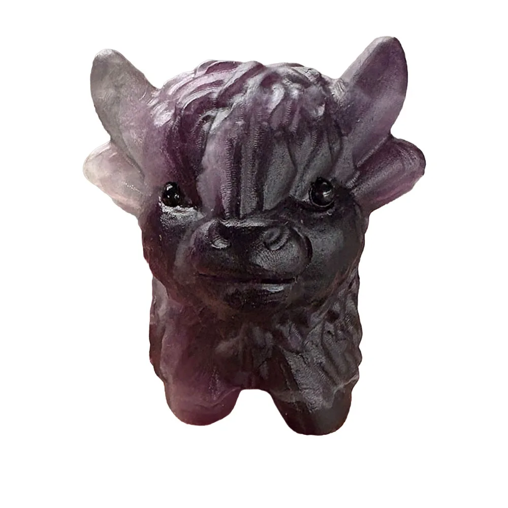 Custom Natural Fluorite Highland Cow Figurine  8cm Hand-Carved Crystal Farm Animal Statue with Inlaid Eyes for Collectible Decor