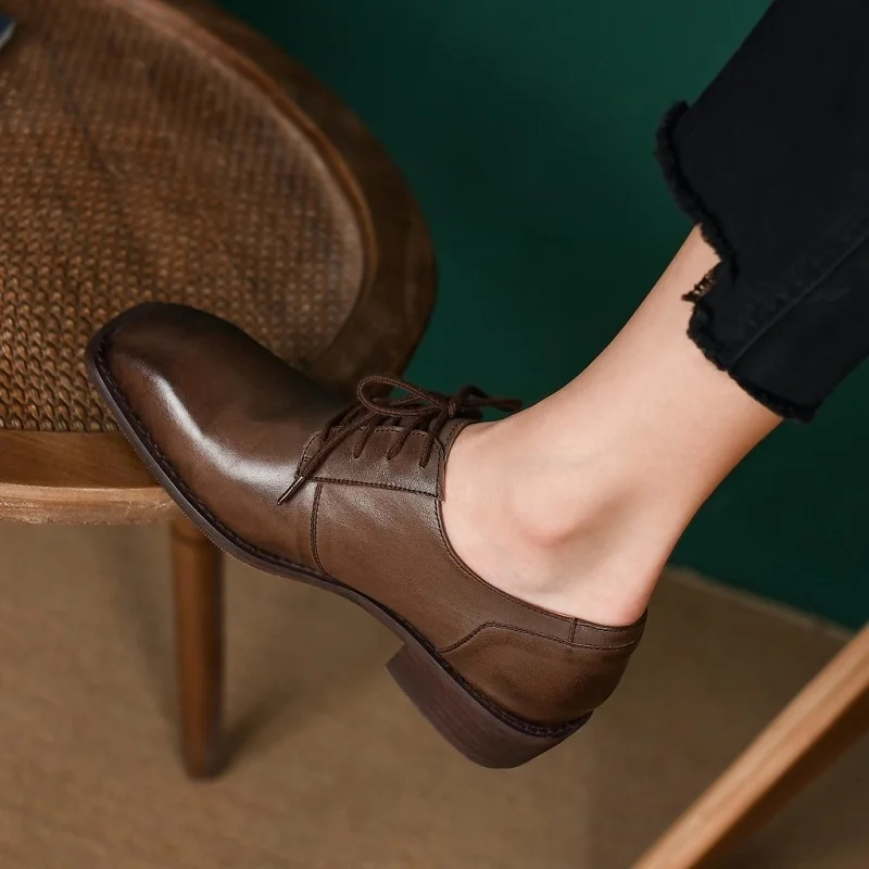 

Basic Shoes For Women Real Leather Comfort Flats Square Toe Woman Lace-Up Flats Cowhide Retro Oxfords Retro Daily British Style