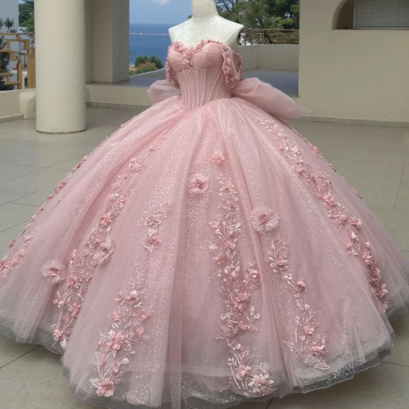 

Pink Shiny Quinceanera Dresses Off Shoulder Ball Gown Sweet 16 Dress Applique Flower Beading Crystal Bow Tull Birthday Party