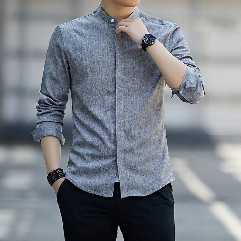 Korean Stand Collar Shirts All-match Solid Color Spring Autumn Commute Single-breasted Men\'s Clothing Casual Long Sleeve Shirts