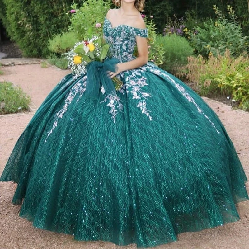 Emerald Green Shiny Quinceañera Dresses Off Shoulder Puffy Skirt Gillter Lace Applique Beads Corset Mexican Vestido 15 años